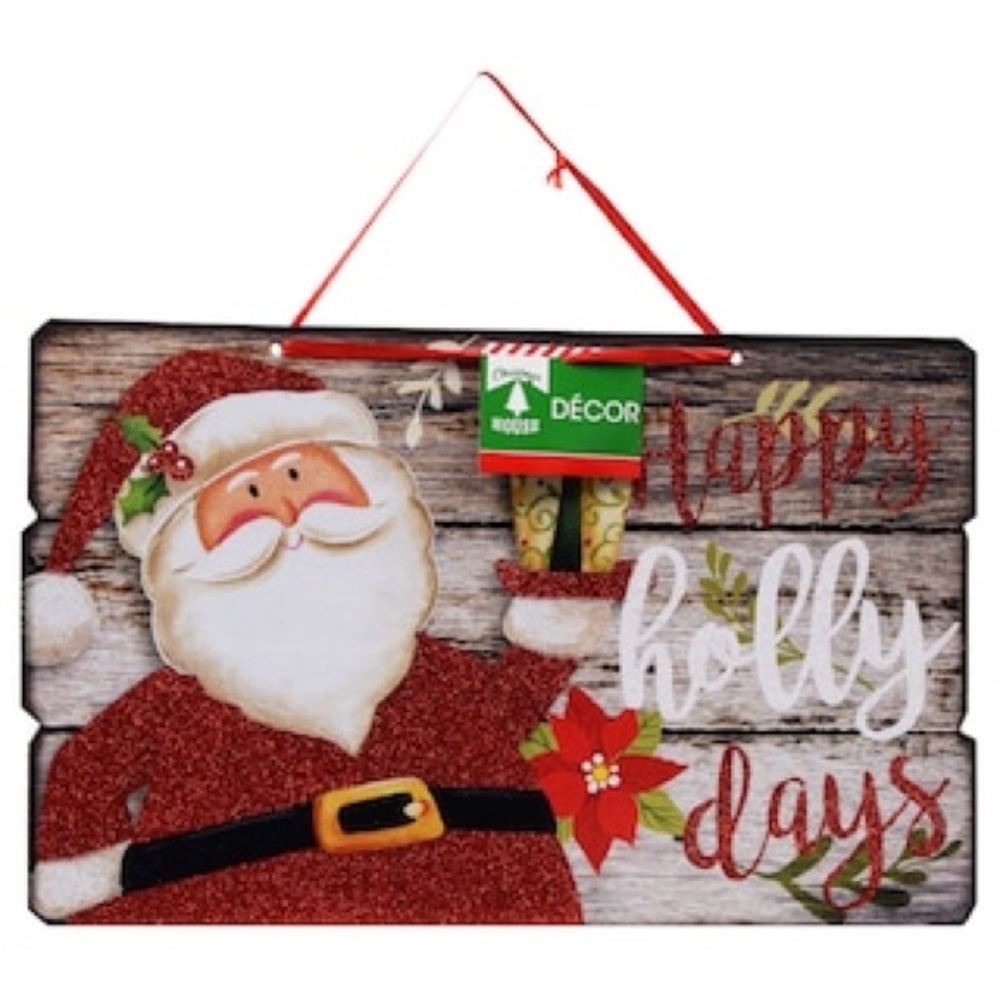 NWT Christmas House Wood Plank Glitter Decorative Signs “ Happy Holly Days “